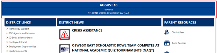 District website with announcement bar highlighted. 